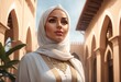 Portrait of beautiful young Muslim girl wearing Hijab and Jubah dress in outdoor scenes. Stylish Muslim woman fashion lifestyle concept. Traditional middle eastern architecture on background