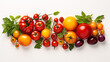 A bird's eye view of unprocessed cherry, grape, gourmet red and yellow tomatoes on a pale backdrop.