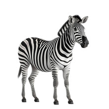 Half Side View, Zebra Stands Against Transparent Background, Face To Right Side. 