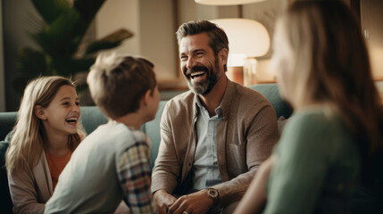 Canvas Print - A joyful family meeting with a therapist for emotional support and guidance.