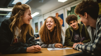 Poster - A group of students chuckling as they brainstorm creative project ideas with their teacher.