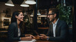 A small business owner consulting with a marketing expert both smiling as they brainstorm strategies for brand growth.