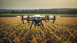 Drone quadcopter with digital camera flying over agricultural field. Technology concept.