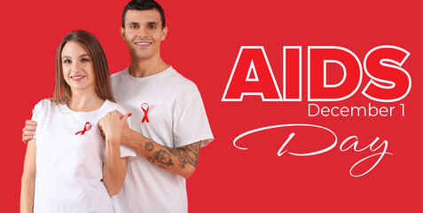 Canvas Print - Young couple with ribbons on red background. Banner for World AIDS Day