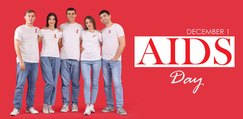 Sticker - Young people with ribbons on red background. Banner for World AIDS Day