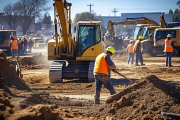 A busy construction site with workers and heavy machinery in action.