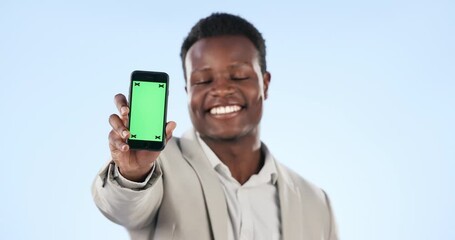 Canvas Print - Happy black man, phone and green screen for advertising or marketing against a studio background. Portrait of African businessman smile and showing mobile smartphone app, display or mockup space