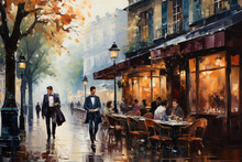 Watercolor Painting Of A Cafe In An Old Town In Autumn.