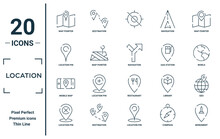 Location Linear Icon Set. Includes Thin Line Map Pointer, Location Pin, Mobile Map, Location Pin, Monument, Navigation, Geo Icons For Report, Presentation, Diagram, Web Design