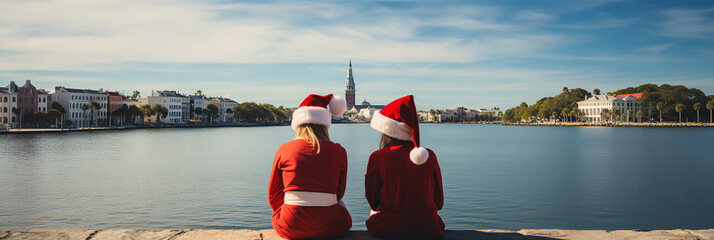 Wall Mural - Two women  in Santa hats looking across a coastal harbor - Christmas - vacation - getaway - holiday - historic city 
