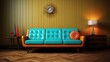© JW Studio - Vintage interior of living room with couch, armchair, clock and tv on stand.  retro lounge with television screen, carpet, lamp and picture frames on colorful wall