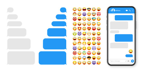 Smartphone messaging app, user interface design with emoji. SMS text frame. Chat screen with blue message bubbles. Texting app for communication. Social media application. Vector illustration