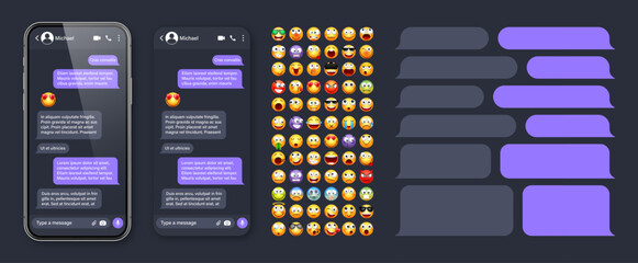 Wall Mural - Smartphone messaging app, user interface with emoji. SMS text frame. Chat screen, violet message bubbles. Texting app for communication. Social media application. Dark mode. Vector illustration