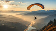 A paraglider taking off at sunrise, the soft morning light painting the sky with pastel hues, creating a scene of peaceful beginnings and a day filled with possibilities