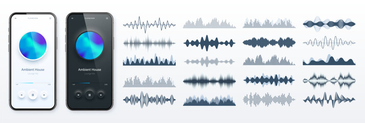 Wall Mural - Online audio player user interface, smartphone app UI design. Music, media streaming and listening platform. Responsive mobile application. Neumorphism. Various sound waves. Vector illustration