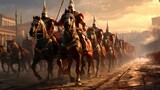 Fototapeta  - Historic roman army riding on horses created with Generative AI