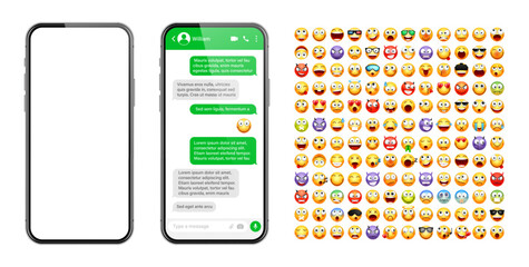 Smartphone messaging app, user interface design with emoji. SMS text frame. Chat screen with green message bubbles. Texting app for communication. Social media application. Vector illustration