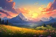 Majestic mountain range, tranquil meadow, orange sunset, idyllic landscape. Generative AI