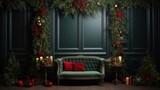 Fototapeta  - Christmas backdrop adorned with holly and lush fir branches, leaving ample space for text or greetings.