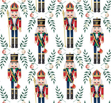 Nutcracker, Branch And Christmas Ball Seamless Pattern. Merry Christmas, New Year Wallpaper.