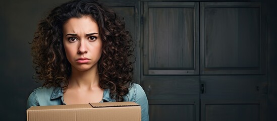 Wall Mural - Nervous young woman with curly hair moving to new home holding box upset and skeptical