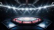 Octagon ring for MMA, boxing and mixfight classes. Sports arena and spotlights. Stadium for shows