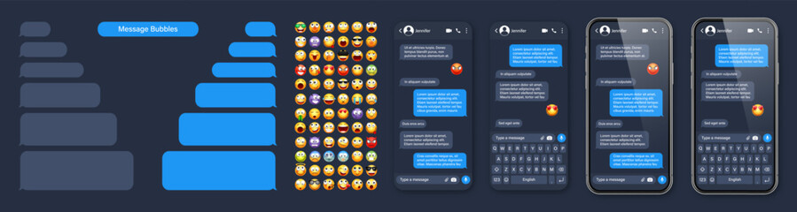 Wall Mural - Smartphone messaging app, user interface with emoji. SMS text frame. Chat screen, blue message bubbles. Texting app for communication. Social media application. Dark mode. Vector illustration