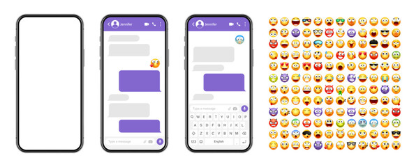 Wall Mural - Smartphone messaging app, user interface design with emoji. SMS text frame. Chat screen with violet message bubbles. Texting app for communication. Social media application. Vector illustration