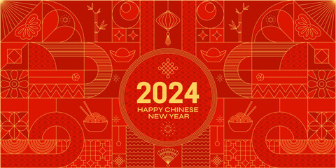 Wall Mural - Red gold 2024 Chinese Dragon Lunar New Year card. Modern geometrical banner.