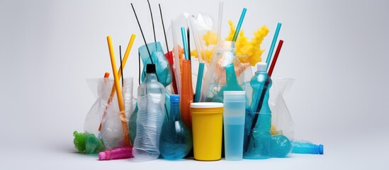 Wall Mural - pollution caused by plastic in the ocean including various items like bags bottles cups straws and e