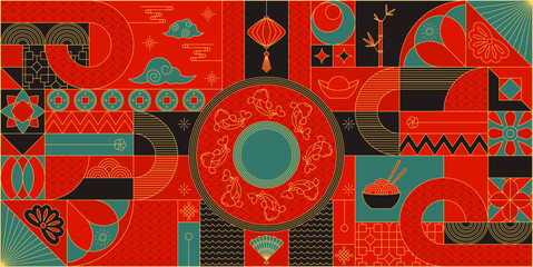 Wall Mural - Modern classical geometric traditional chinese banner. Flat vector decoration.