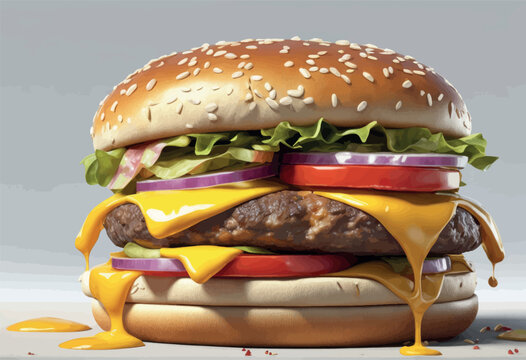 delicious big hamburger with cheese, tomato and onion big hamburger on the background of fast food 3d rendering delicious big hamburger with cheese, tomato and onion