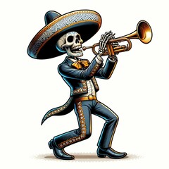 Wall Mural - illustration of a skull playing a trumpet.  day of the dead