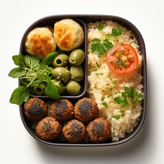 Wall Mural - A bento box filled with rice, meatballs and vegetables. AI image.