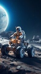 Wall Mural - Astronaut on the alien planet or moon. Cosmonaut on a space rover against the background of the moon