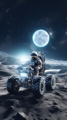 Wall Mural - Astronaut on the alien planet or moon. Cosmonaut on a space rover against the background of the moon