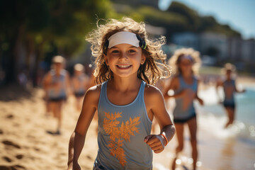 Little athletes participating in a youth triathlon, transitioning from swim to bike to run. Concept of budding triathletes. Generative Ai.