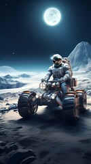 Wall Mural - Astronaut on the alien planet or moon. Cosmonaut on a space rover against the background of the moon