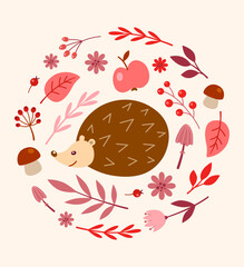 Wall Mural - Seasonal greeting card with cute hedgehog