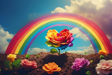 Rainbow flower growing out of the dirt with a rainbow above it. LGBTQ growing concept. AI generated.