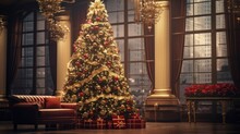 Festive Foyer: Illuminated Magic Christmas Tree Adds Vibrant Charm To Blurry Blurred Background In Cosy Christmas Hotel