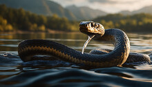 The Fluid Movements Of The Snake As It Slithers Through The Water, Its Scaly Body Undulating Sinuously As It Navigates The River's Twists And Turns.