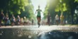 Blurred background of a group of people running in the park. Theme of sports. Generative AI