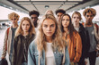 © PhotoFlex - Group photo of a diverse group of teenagers, looking at the camera, wearing trendy clothes, airport terminal, summer ,group of people in a hall