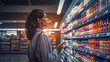 © FutureStock - Young woman comparing products in a grocery store