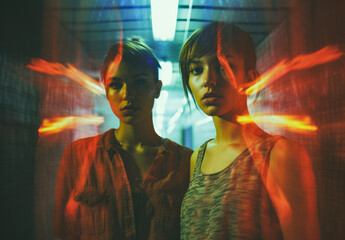 Wall Mural - Two girls standing in an hall, in the style of neon hallucinations, double exposure.