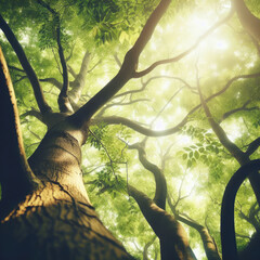 Looking up at the green top of trees, the environment concept, generative ai	