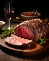 Wall Mural - Nestled on a rustic wooden platter, a perfectly roasted prime rib showcases its exemplary sear, boastfully displaying shades of deep mahogany. Tender and juicy, this lavish beef leaves no