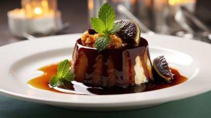 Exuding warmth and indulgence, this sweet masterpiece features a steamed pudding oozing with a meltinyourmouth combination of luscious molasses, sticky figs, and crunchy walnut chunks, adorned