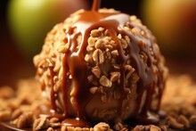 A Closeup Shot Features A Caramel Apple Covered In A Generous Layer Of Crushed Cookies, Creating A Crunchy Texture Contrast Against The Smooth Caramel And Juicy Apple, Providing A Satisfying